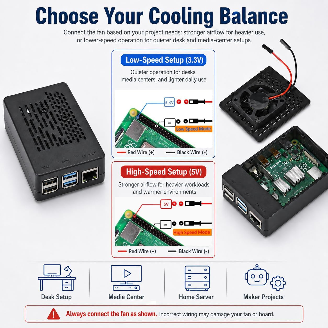 Case for Raspberry Pi 4, ABS Pi 4 Case with Cooling Fan, Pi 4 Heatsink, Simple Removable Top Cover for Pi 4 Model B/ 4B