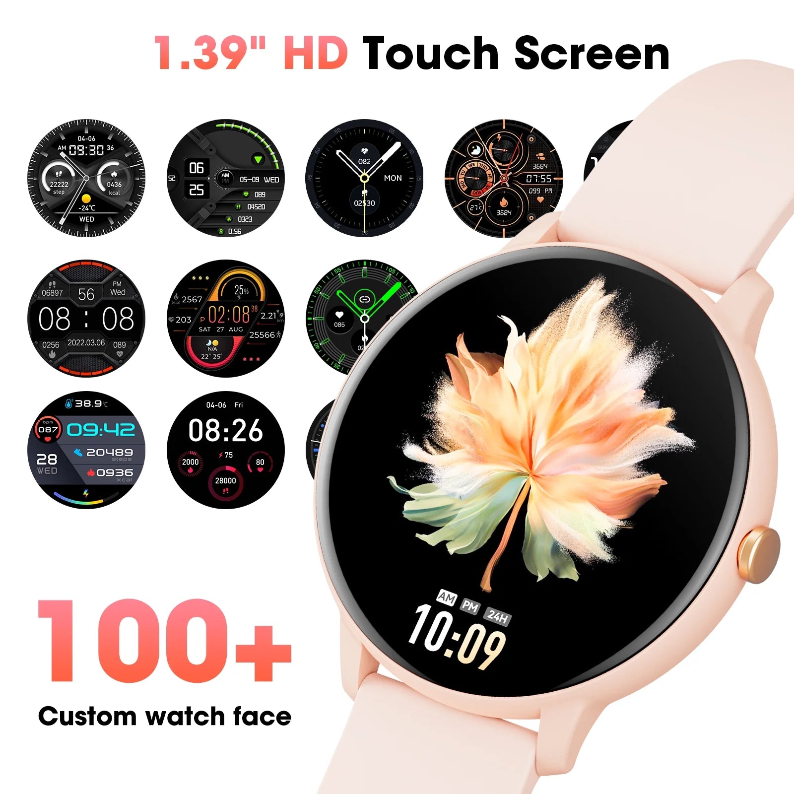 Smart Watch (Answer/Dial Call),1.39" Touch Display Fitness Tracker with Sport Modes, Smartwatch with IP68 Waterproof,Step Counter Watch Fits for Android (Pink)